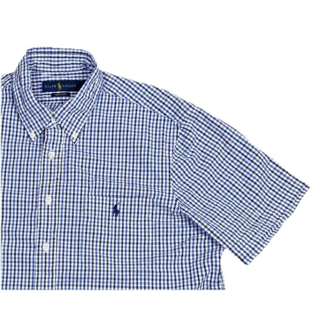 Ralph Lauren Mens Shirt Large Blue Gingham Seersucker Short Sleeve Button Down
